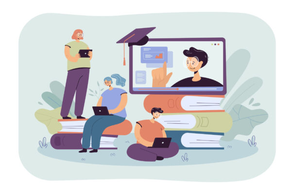 Tiny students learning online lesson via laptop flat vector illustration. Cartoon people listening computer webinar or video college lecture. Education and digital technology concept